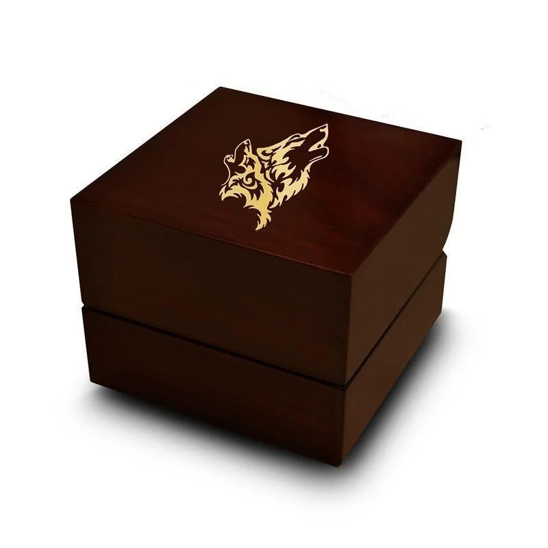 classic engagement rings-Double Wolf Head Print Engraved Chocolate Dark Wood Personalized Wooden Wedding Ring Box