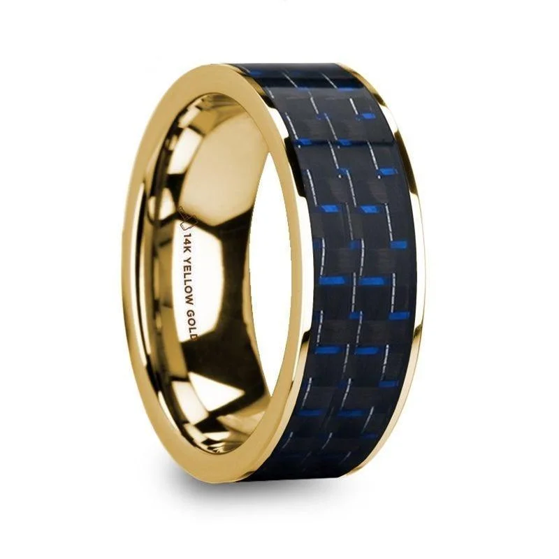 engagement rings with rubies-GREGOR Men’s Polished 14k Yellow Gold Flat Wedding Ring with Blue & Black Carbon Fiber Inlay - 8mm