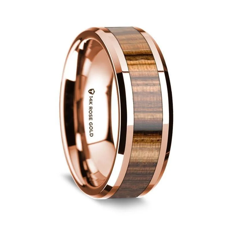 engagement rings for large hands-14k Rose Gold Polished Beveled Edges Wedding Ring with Zebra Wood Inlay - 8 mm