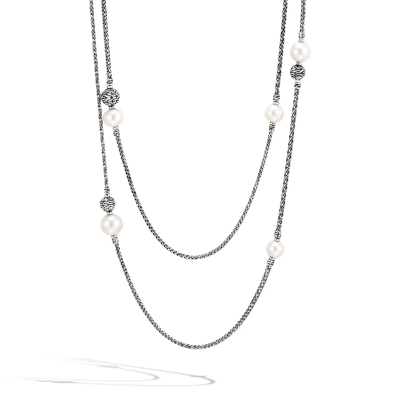 women's wedding anniversary necklaces-Classic Chain Silver Mini Chain Sautoir Necklace with Fresh Water Pearl