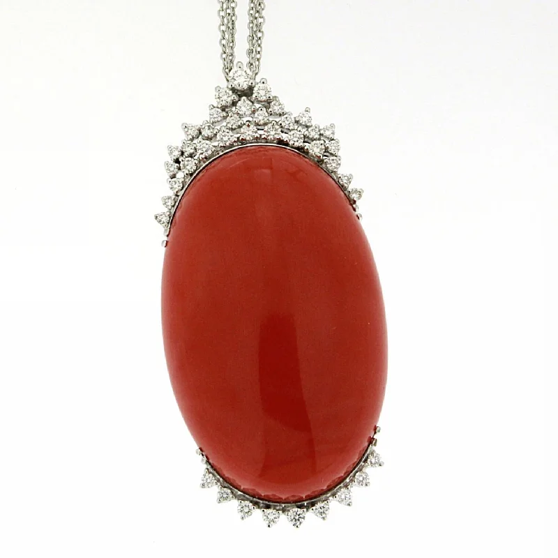 women's birthstone jewelry necklaces-Coral and Diamond Pendant on Triple Chain Necklace