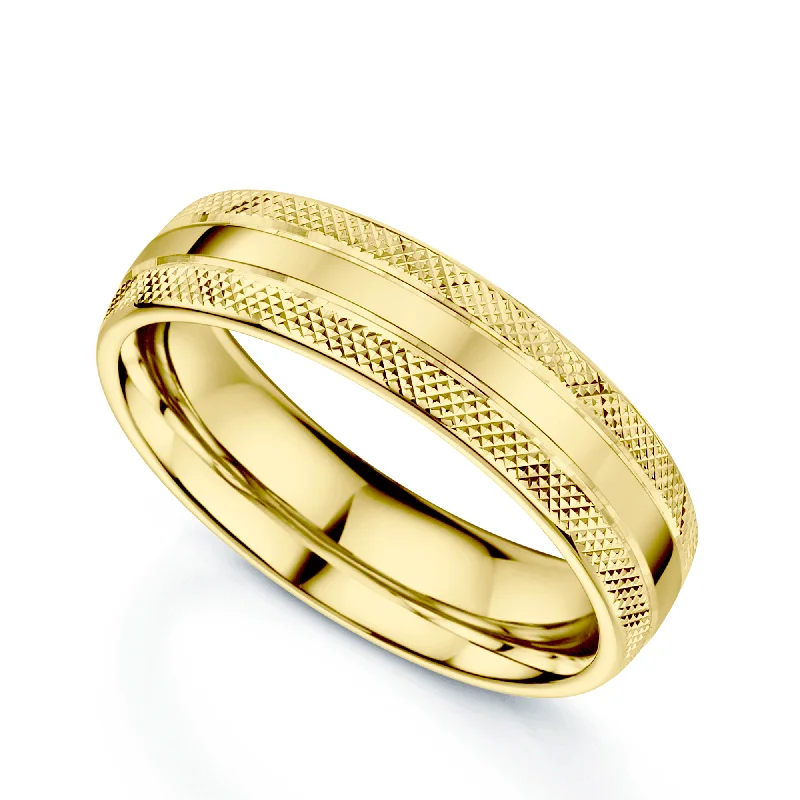 ethical engagement rings-18ct Yellow Gold Polished Criss-Cross Patterned Edge Court Shape Wedding Ring