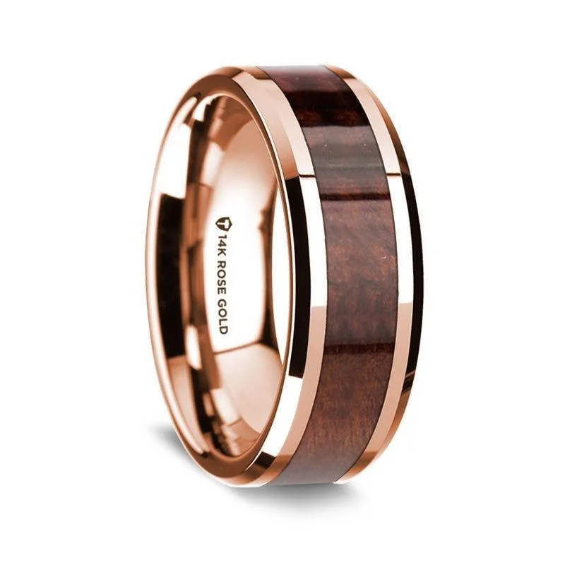 promise engagement rings-14K Rose Gold Polished Beveled Edges Wedding Ring with Redwood Inlay - 8 mm