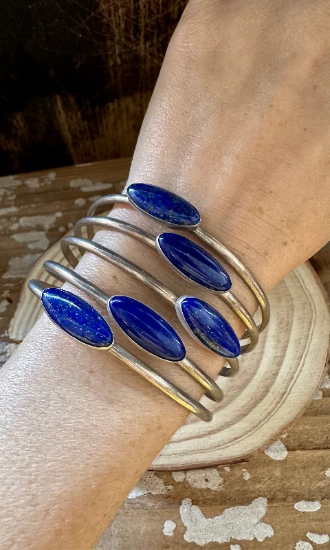 women's stackable bangles-BLUE LAPIS LAZULI Sterling Silver Cuff 42g