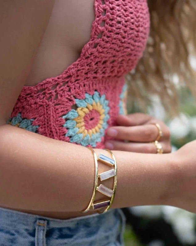 women's luxury crystal bracelets-Labradorite, Moonstone, Rose Quartz & Amethyst ~ Adjustable Bracelet ~ Gold Plated 18k ~ MB052