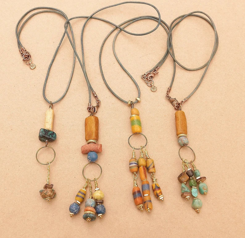 women's chunky necklaces-African Sandcast, Turquoise and Recycled Glass Beads Pendant Necklaces