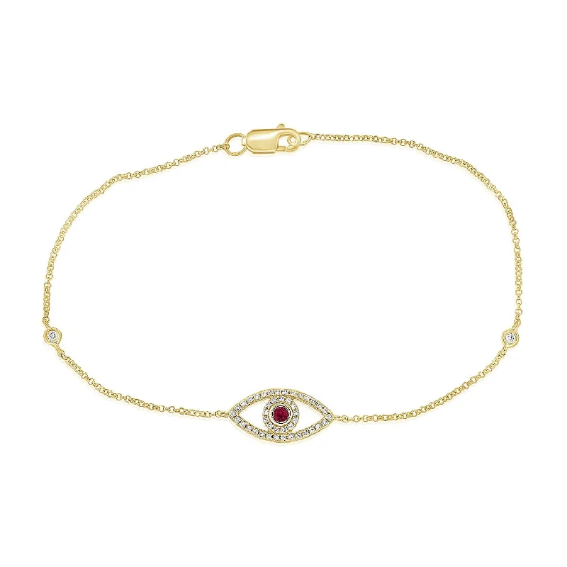 women's minimalist bracelets-14k Gold Ruby & Diamond Evil Eye Bracelet