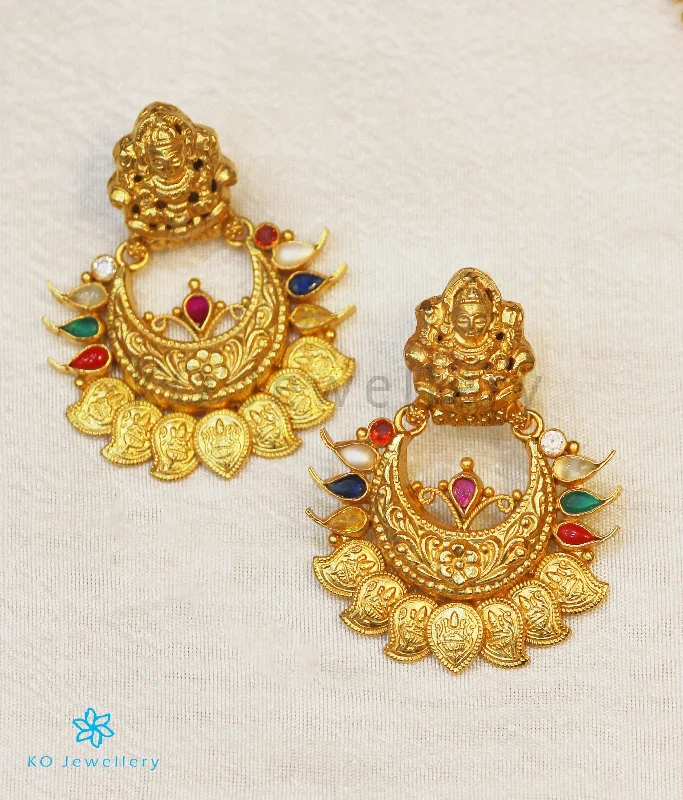 women's luxury gold earrings-The Padmakshi Antique Silver Navaratna Chand Bali