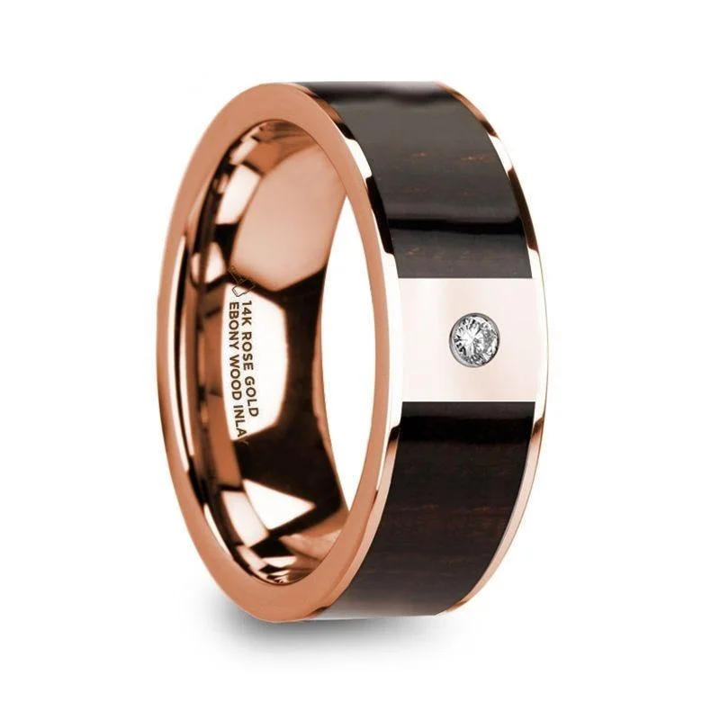 elegant engagement rings-ROMANOS Men’s Polished 14k Rose Gold & Ebony Wood Inlaid Wedding Ring with Diamond Center - 8mm