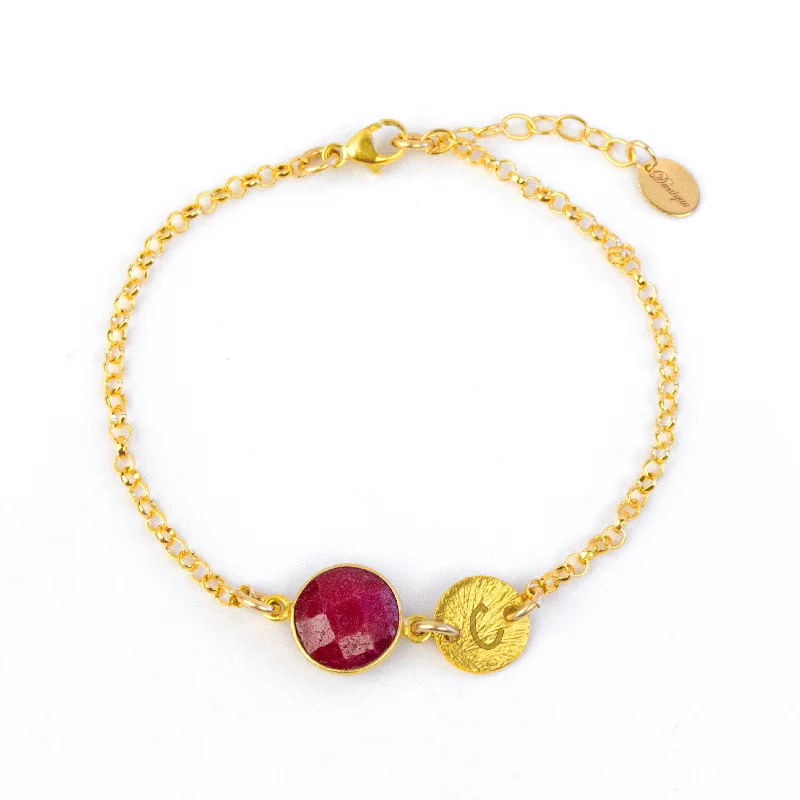 women's vintage bracelets-Personalized Ruby Bracelet with Initial Charm • July Birthstone