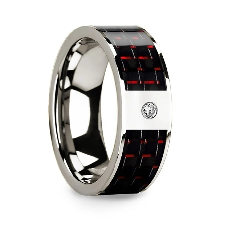 gold engagement rings-Men’s 14k White Gold Flat Wedding Ring with Red & Black Carbon Fiber Inlay & Diamond - 8mm