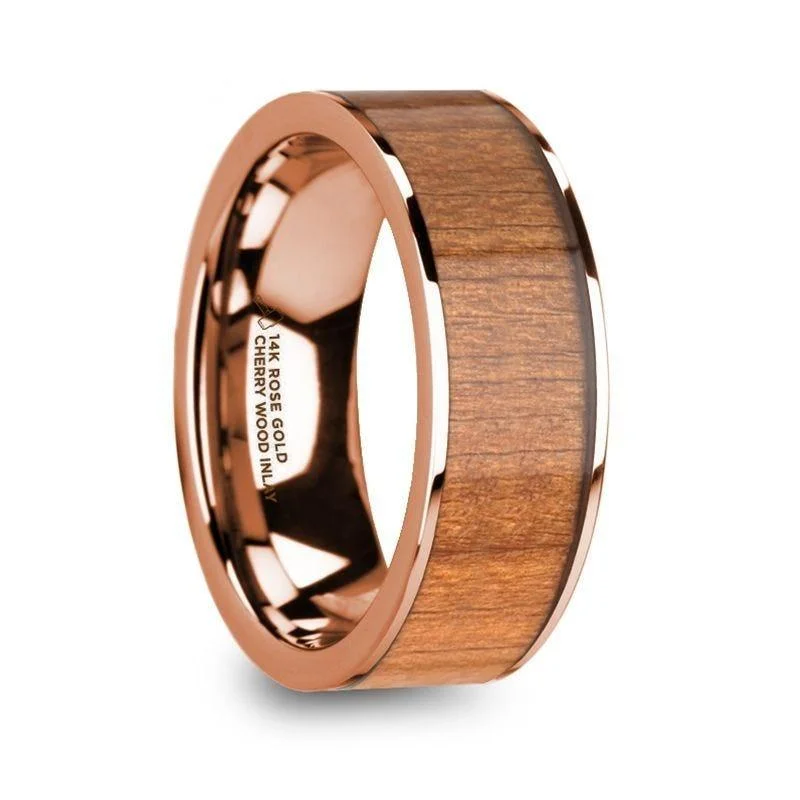 matching engagement and wedding rings-ZACHEUS Polished 14k Rose Gold & Cherry Wood Inlay Men’s Flat Wedding Ring - 8mm