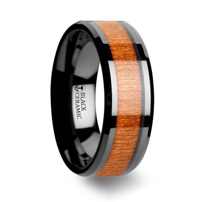 halo engagement rings-IOWA Black Ceramic Wedding Ring with Polished Bevels and Black Cherry Wood Inlay - 6mm - 10mm