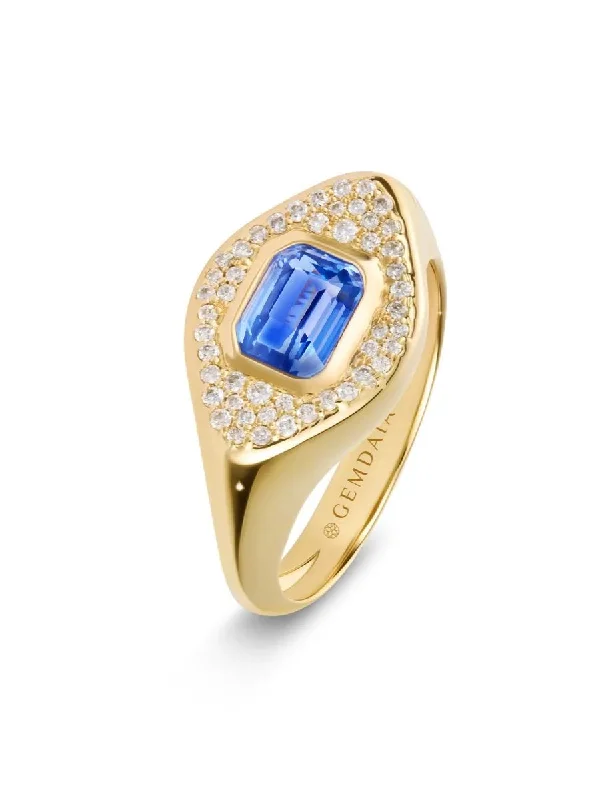 women's handmade rings-Blue Sapphire & Diamond 14K Gold Signet Ring