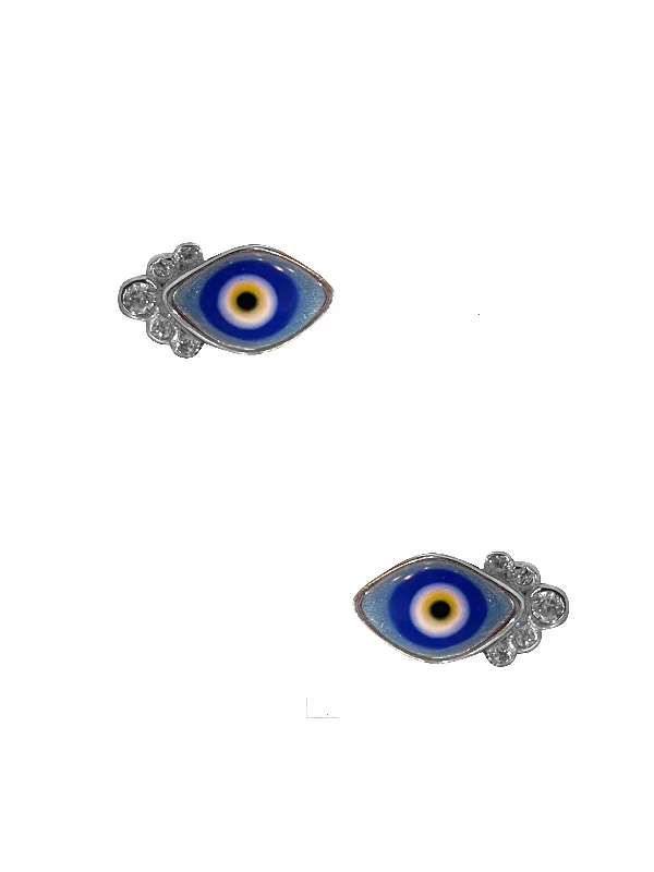 women's crystal earrings-Blue CZ Bezel Evil Eye Studs