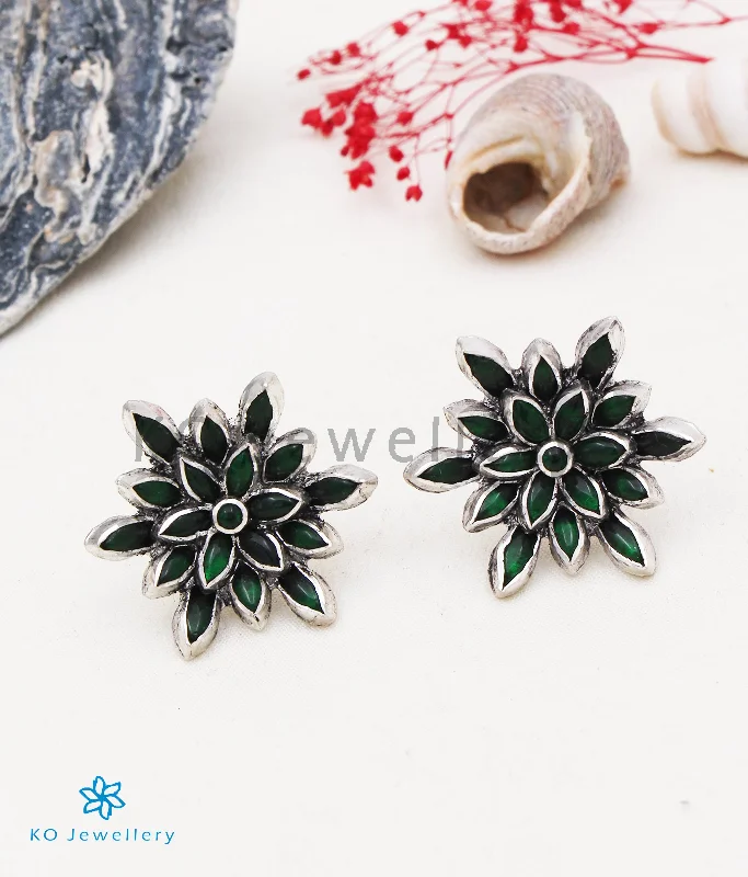 women's high-fashion earrings-The Padma Silver Lotus Ear-studs (Green/Oxidised)