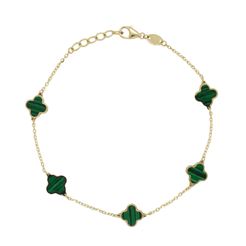 women's heart-shaped bracelets-14K Yellow Gold Station Clover Malachite Bracelet