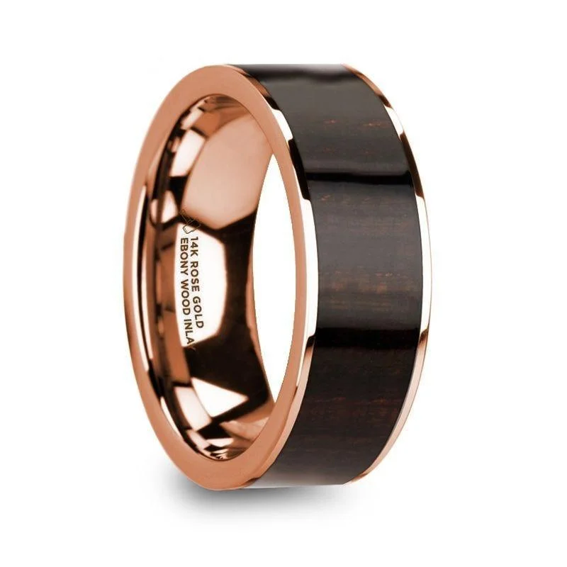 engagement rings for short fingers-SERAPHIM Men’s Polished 14k Rose Gold with Ebony Wood Inlay Wedding Ring - 8mm