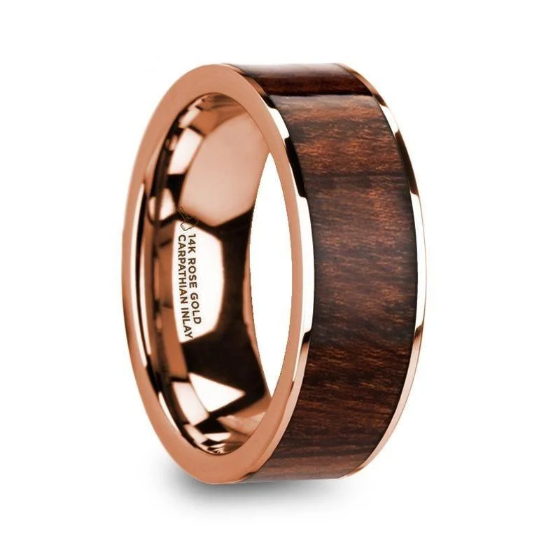 custom designed engagement rings-OLYMPOS Polished 14k Rose Gold Men’s Wedding Ring with Carpathian Wood Inlay - 8mm