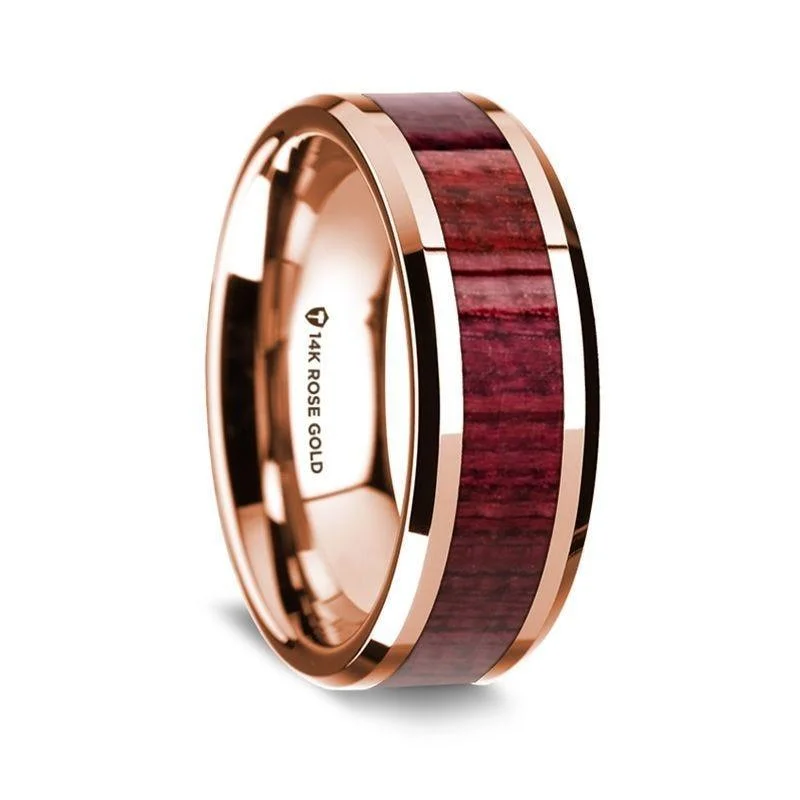 designer engagement rings-14K Rose Gold Polished Beveled Edges Wedding Ring with Purple Heart Wood Inlay - 8 mm