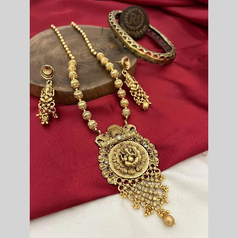 women's adjustable necklaces-FS Collection Gold Plated Pota Stone And Pearls Lord Ganesha Necklace Set