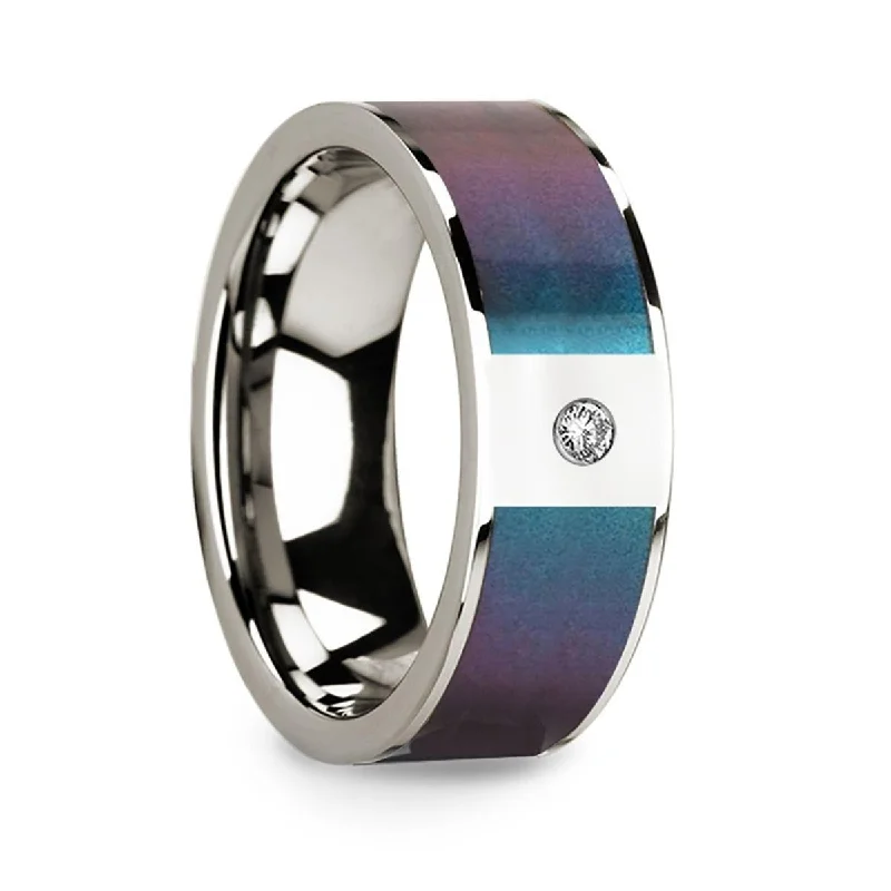 platinum engagement rings-14k Polished White Gold Wedding Ring with Blue & Purple Color Changing Inlay & Diamond - 8mm