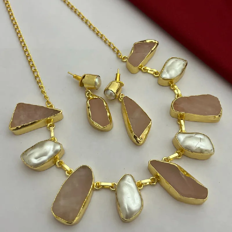 women's pearl pendant necklaces-FS Collection Gold Plated Stone Necklace Set