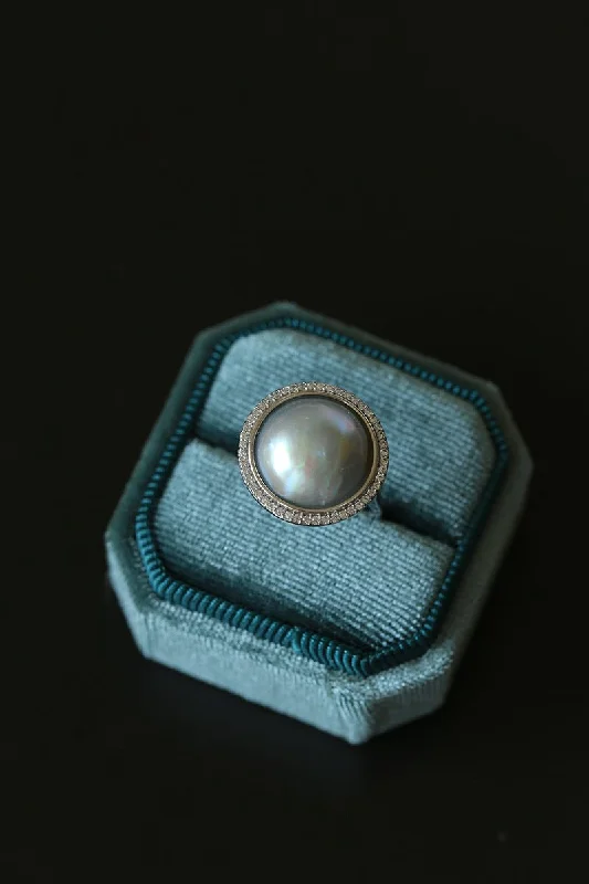 women's engagement rings with colored stones-Surrounding Diamond Mabe Pearl Ring