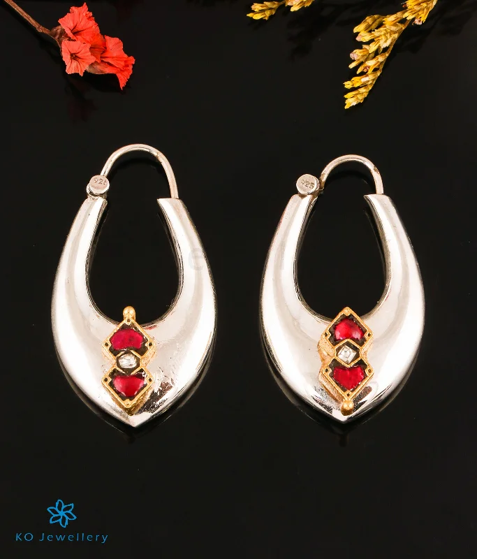 women's star earrings-The Ruchira Silver Polki Hoops (Red/White)