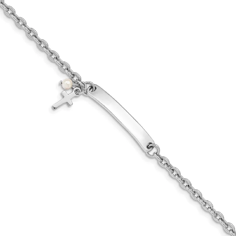 women's minimalist bracelets-Sterling Silver and Pearl 7-inch Cross ID Bracelet