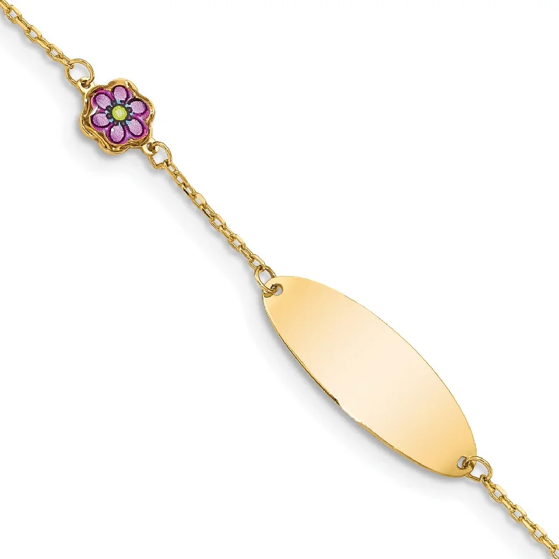 women's handmade bracelets-14KT Yellow Gold 5.5-inch Enamel Flower ID Bracelet w/.5-inch Extender