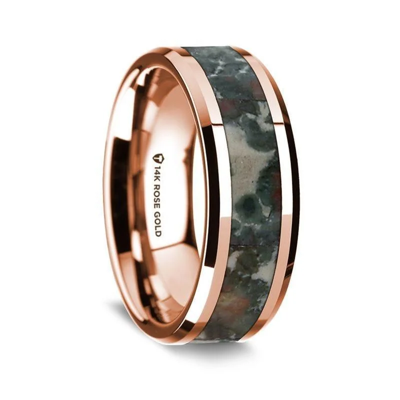 unique diamond engagement rings-14K Rose Gold Polished Beveled Edges Wedding Ring with Coprolite Inlay - 8 mm