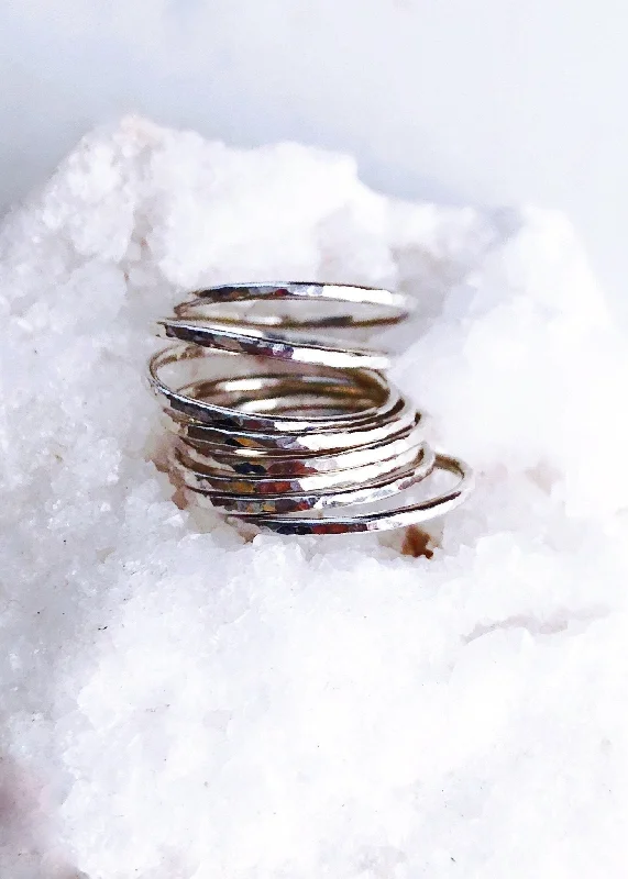 women's large rings-Hammered Delicate Silver Stack Ring - Kaiko