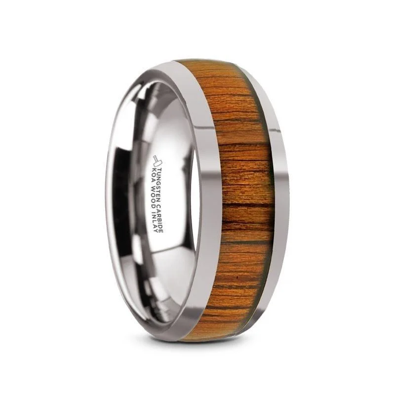 elegant engagement rings for brides-KAMEHA Tungsten Domed Profile Polished Finish Men’s Wedding Ring with Koa Wood Inlay - 8mm