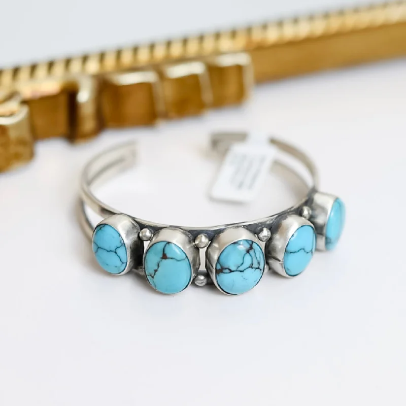 women's high-end bracelets-Scott Skeets | Navajo Handmade Sterling Silver Cuff with Five Turquoise Stones