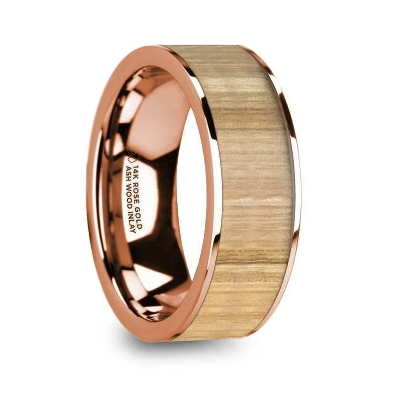 engagement rings with platinum bands-NICOMEDES Polished 14K Rose Gold Men’s Wedding Ring with Ash Wood Inlay - 8mm