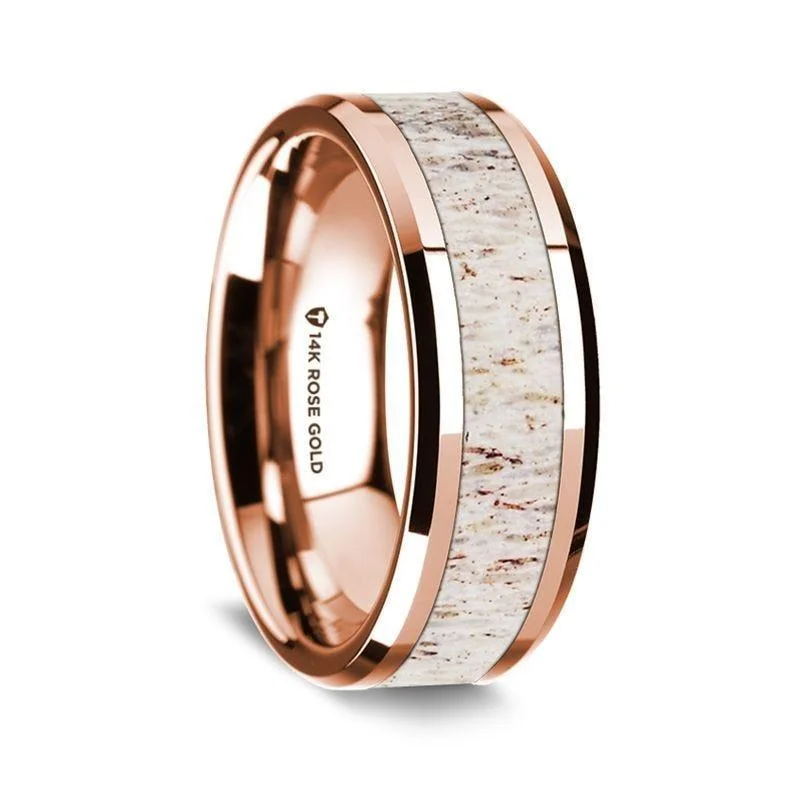 engagement rings for brides-14K Rose Gold Polished Beveled Edges Wedding Ring with White Deer Antler Inlay - 8 mm