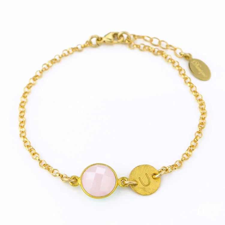 women's modern bracelets-Personalized Pink Chalcedony Bracelet with Initial Charm • October Birthstone