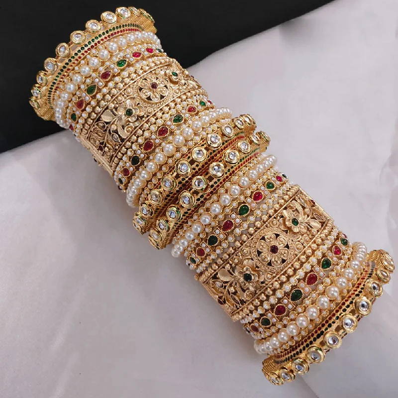 women's silver-plated bracelets-Akruti Collection Gold Plated Pota Stone And Pearl Openable Bangle Set