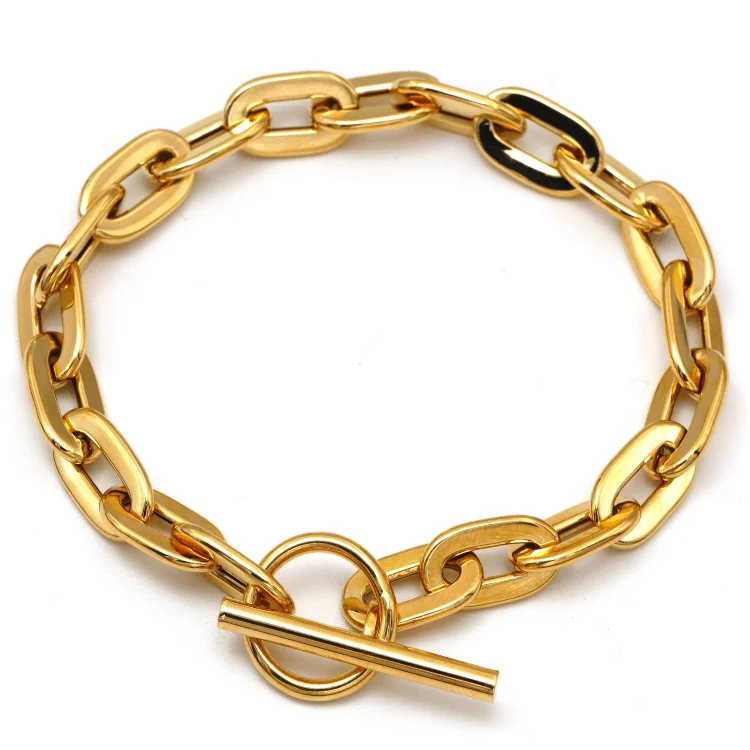 women's heart-shaped bracelets-Real Gold Wide Link Bold Cable Chunky Chain With Round Dangler Lock 8 MM Thick Bracelet 2804 (18 C.M) BR1716