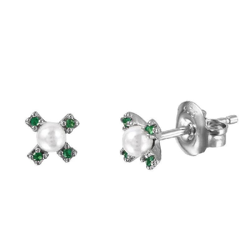 women's stunning diamond earrings-Silver 925 Rhodium Plated CZ Flower Studs with Synthetic Pearl - GME00035RH-GREEN