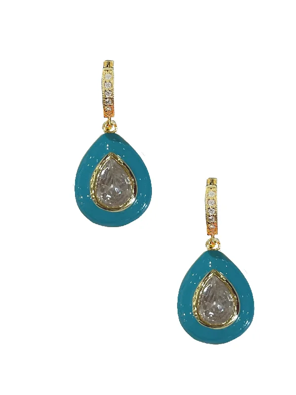 women's double hoop earrings-Turquoise Enamel Bezel Teardrop Huggies