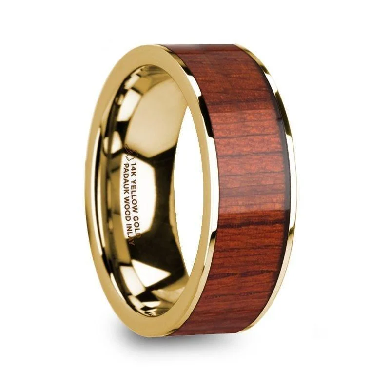 engagement rings for women with diamonds-USIRIS Padauk Wood Inlaid 14k Yellow Gold Flat Wedding Ring with Polished Finish - 8mm