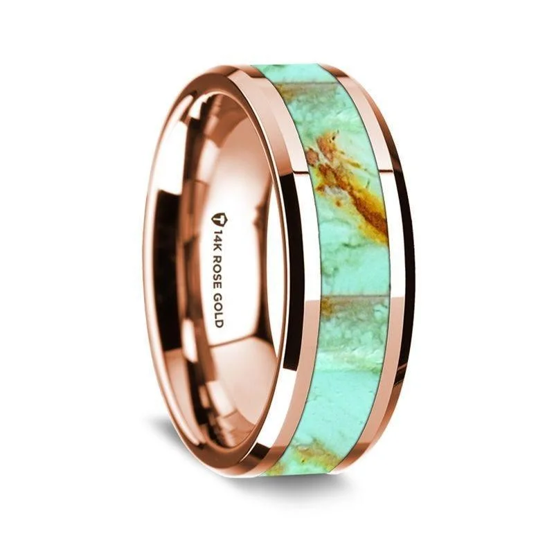 engagement rings for proposal-14K Rose Gold Polished Beveled Edges Wedding Ring with Turquoise Inlay - 8 mm