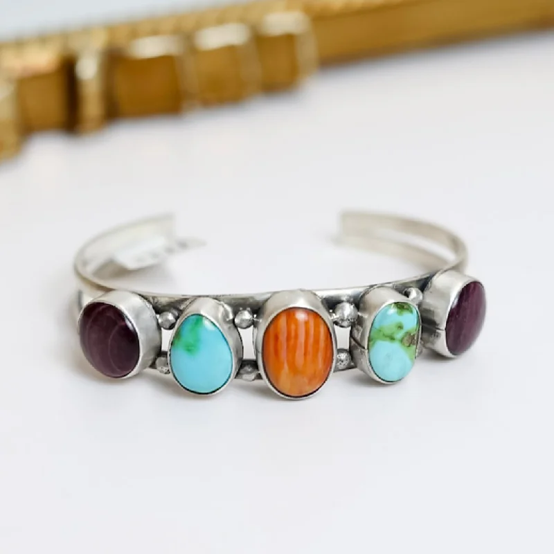 women's eco-friendly bracelets-Scott Skeets | Navajo Handmade Sterling Silver Cuff with Multi Colored Stones in Turquoise & Spiny