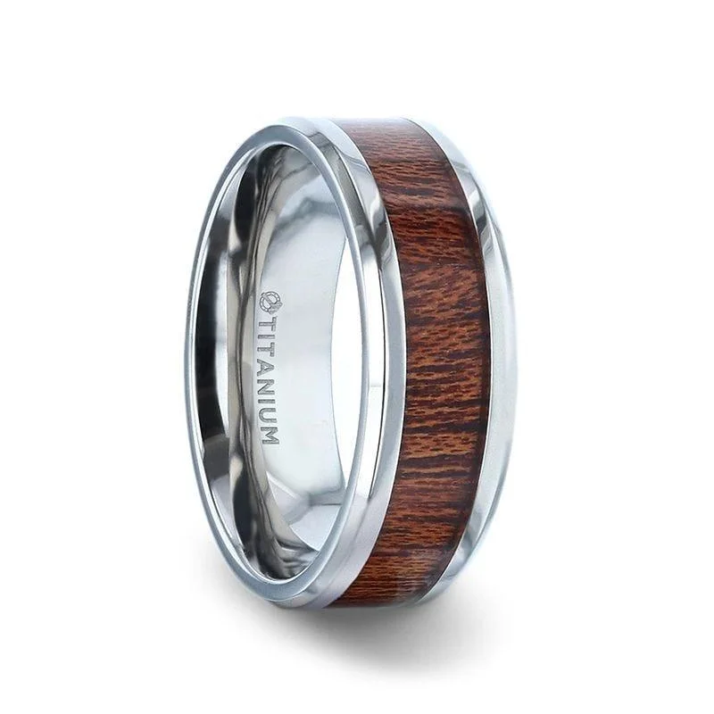 timeless diamond engagement rings-MELIA Mahogany Wood Inlaid Titanium Flat Polished Finish Men's Wedding Ring With Beveled Edges - 8mm