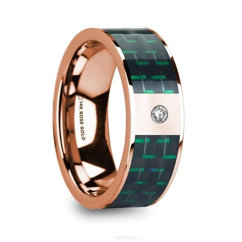 engagement rings with wedding bands-ISAAKIOS Diamond Accented 14k Rose Gold Men’s Wedding Ring with Black & Green Carbon Fiber Inlay - 8mm