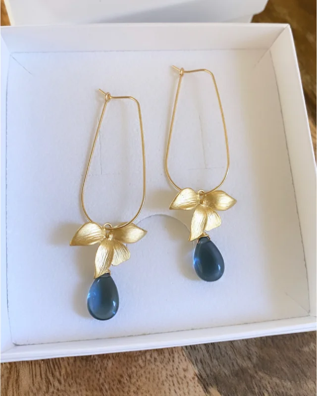 women's gold earrings-Floral Blue Quartz U Hoops