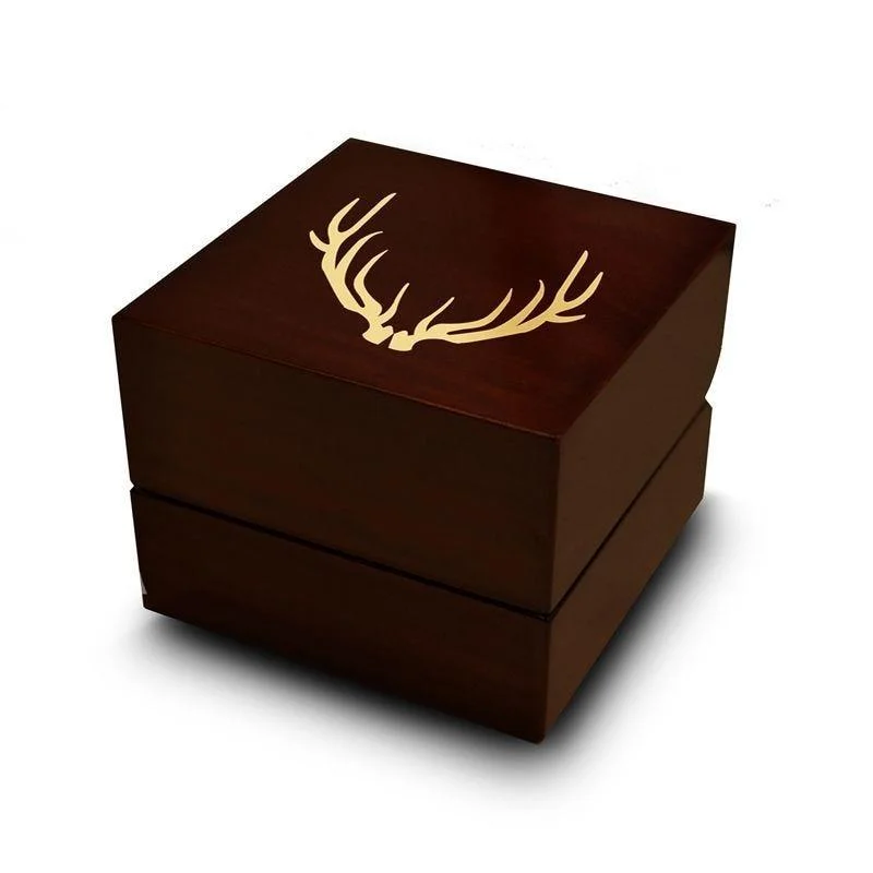 simple engagement rings-Deer Antlers Engraved Chocolate Dark Wood Personalized Wooden Wedding Ring Box