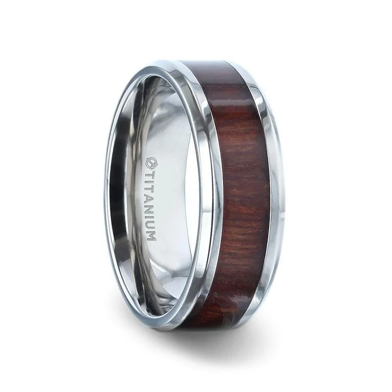 vintage diamond engagement rings-SEQUOIA Redwood Inlaid Titanium Flat Polished Finish Men's Wedding Ring With Beveled Edges - 8mm